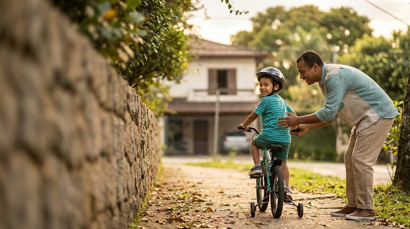 Pai ajudando o filho de capacete a andar de bicicleta numa rua tranquila — Blog MedicMe