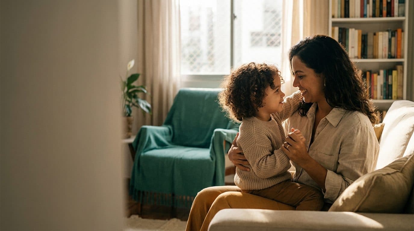 Mãe e filho sorrindo juntos na sala de casa — Blog MedicMe